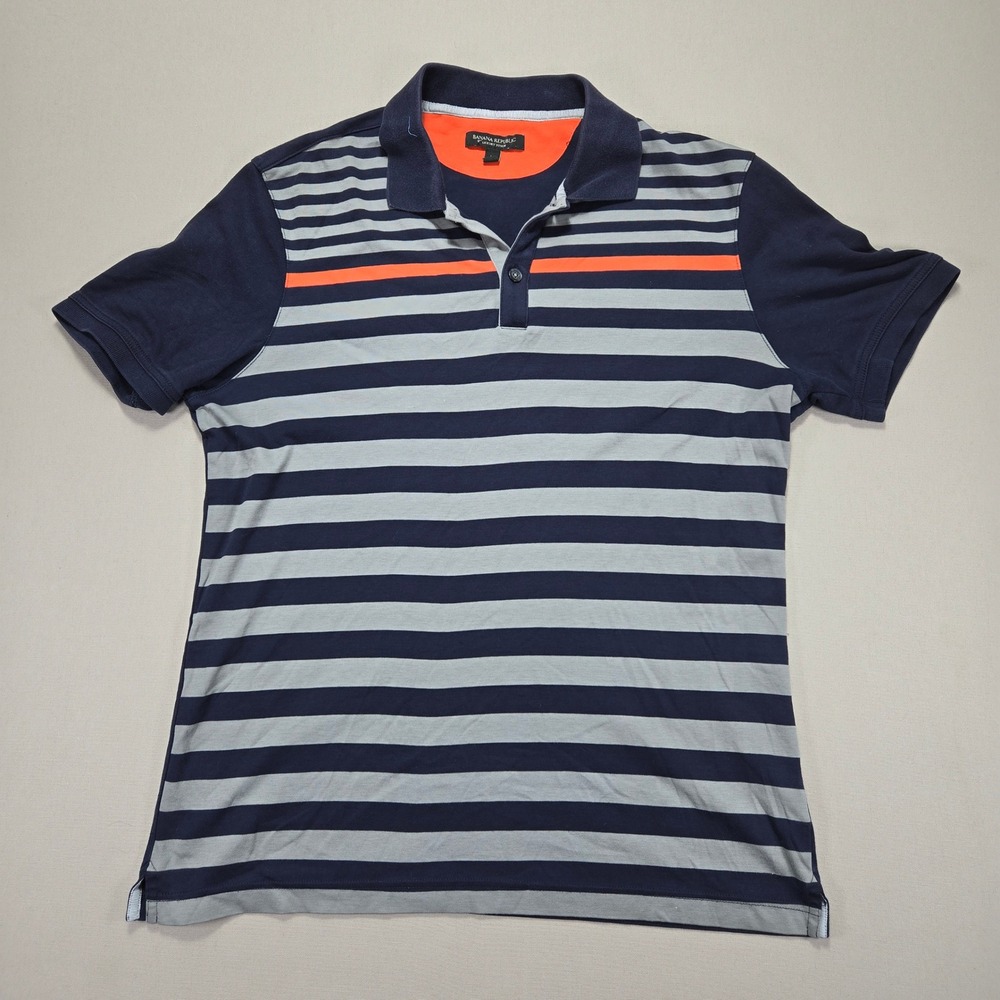 Banana‎ Republic Luxury Touch Striped Polo Shirt Mens Size M Blue Gray Orange